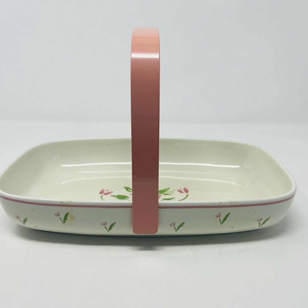 Vintage Teleflora 1985 Ceramic Serving Dish with Handle Pink‎ Floral Print White